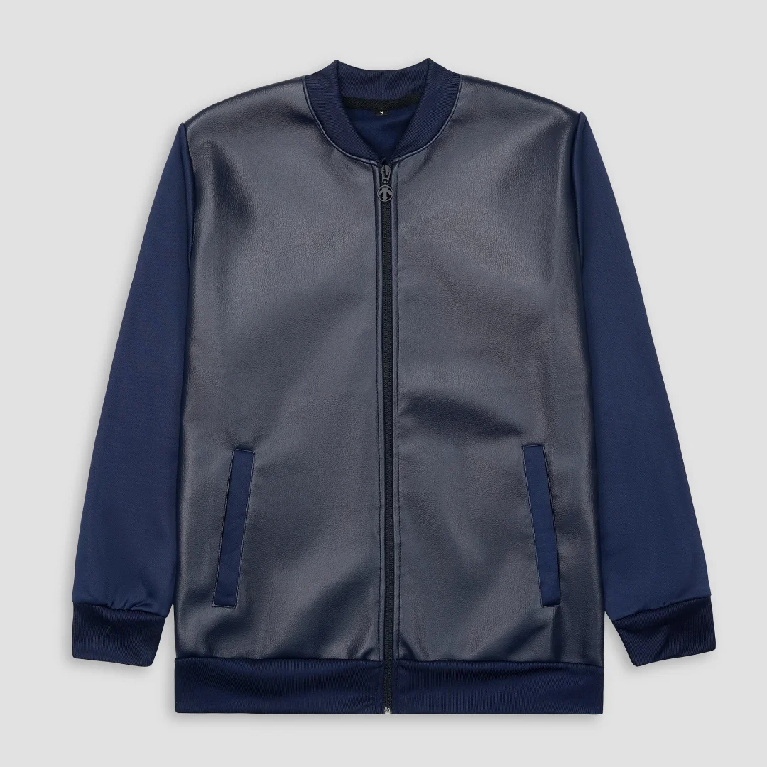 Mens Leather Jacket Hood Zip - Blue
